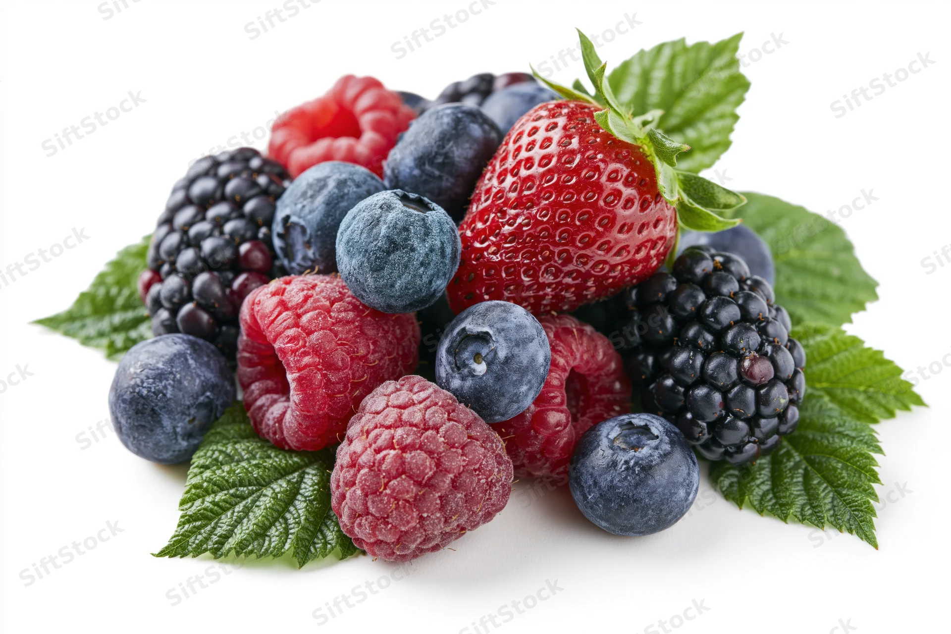 Mixed fresh berries piled together with green leaves on white background