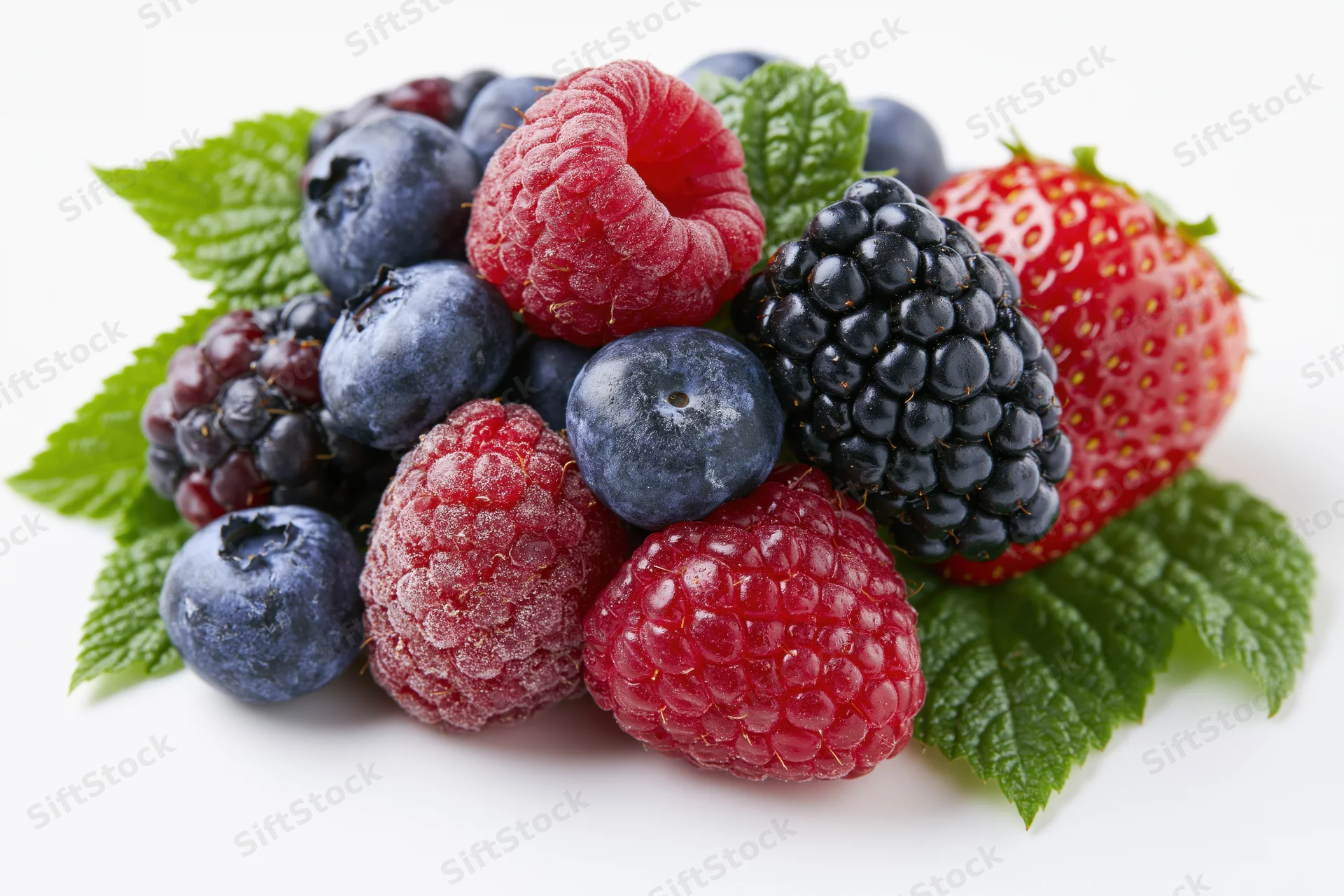 Mixed fresh berries piled together with green leaves on white background