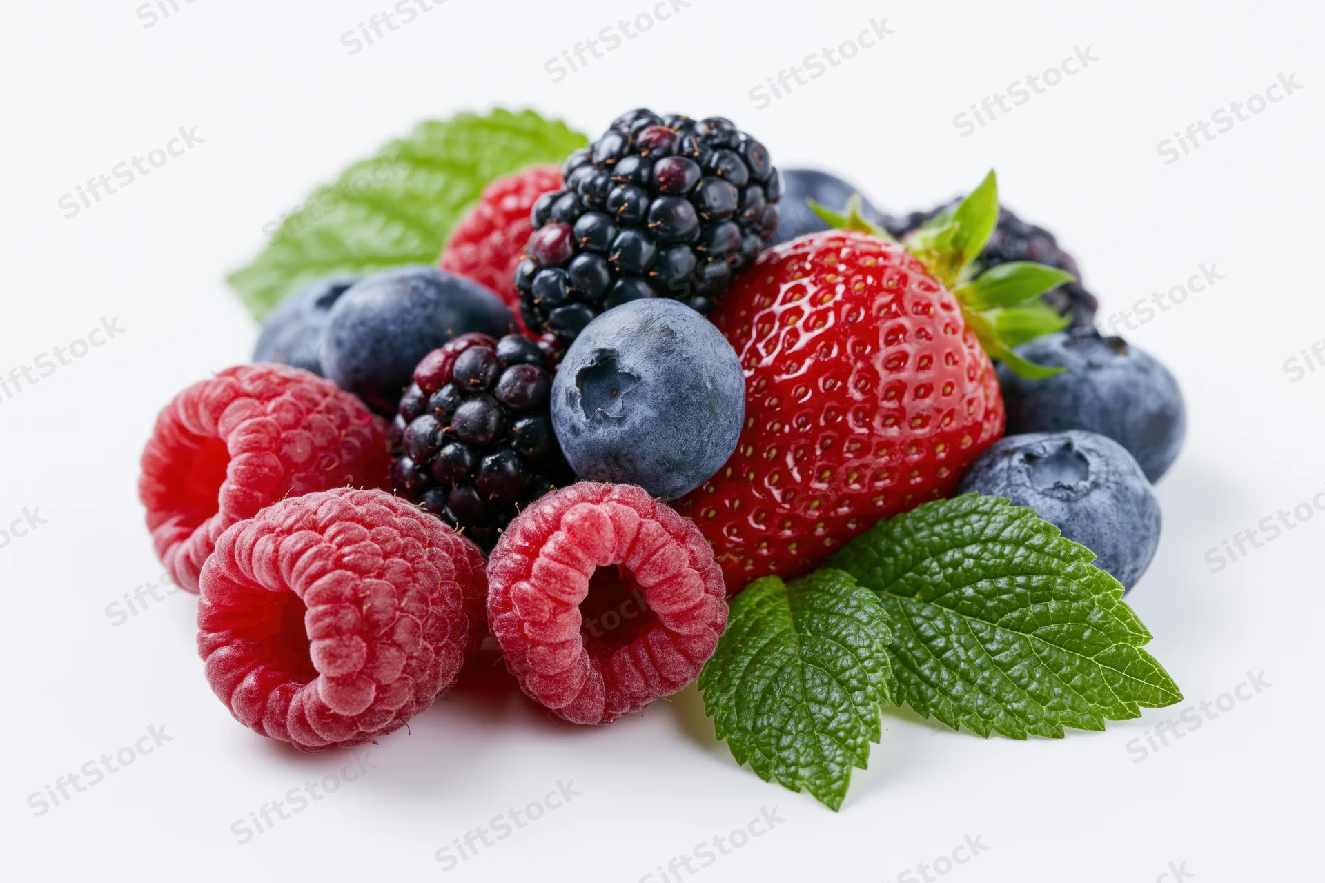 Mixed fresh berries with mint leaves arranged in a pile on white background