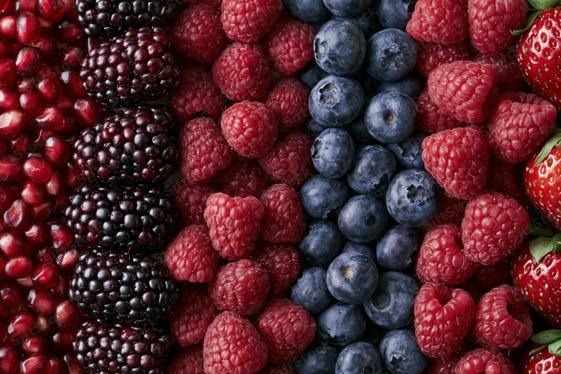 Mixed fresh berries arranged in vertical columns filling the frame