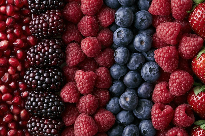 Mixed fresh berries arranged in vertical columns filling the frame