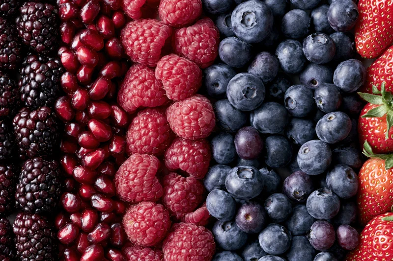 Mixed fresh berries arranged in vertical columns filling the frame