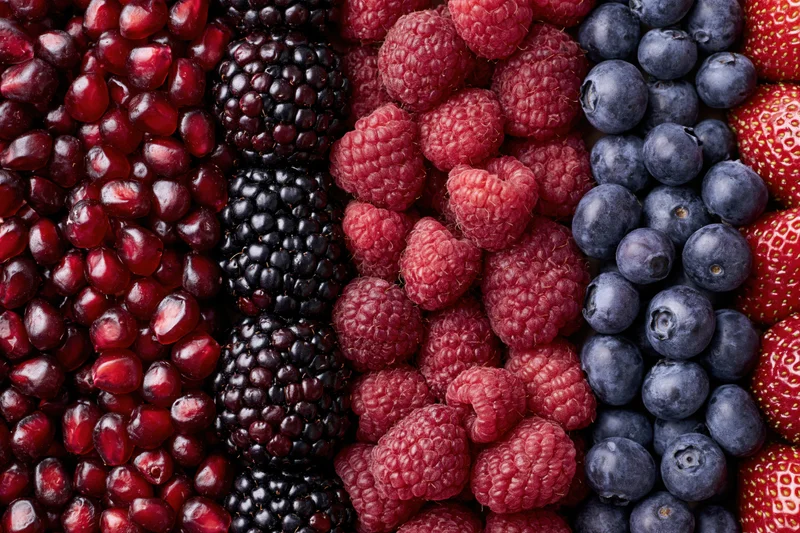 Vertical columns of mixed fresh berries arranged in a full frame closeup