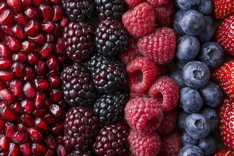 Mixed fresh berries arranged in vertical columns filling the frame