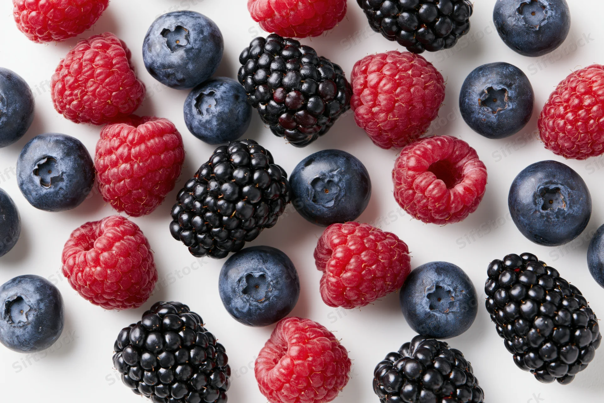 Mixed fresh berries blueberries raspberries and blackberries arranged on white surface in flat lay overhead view