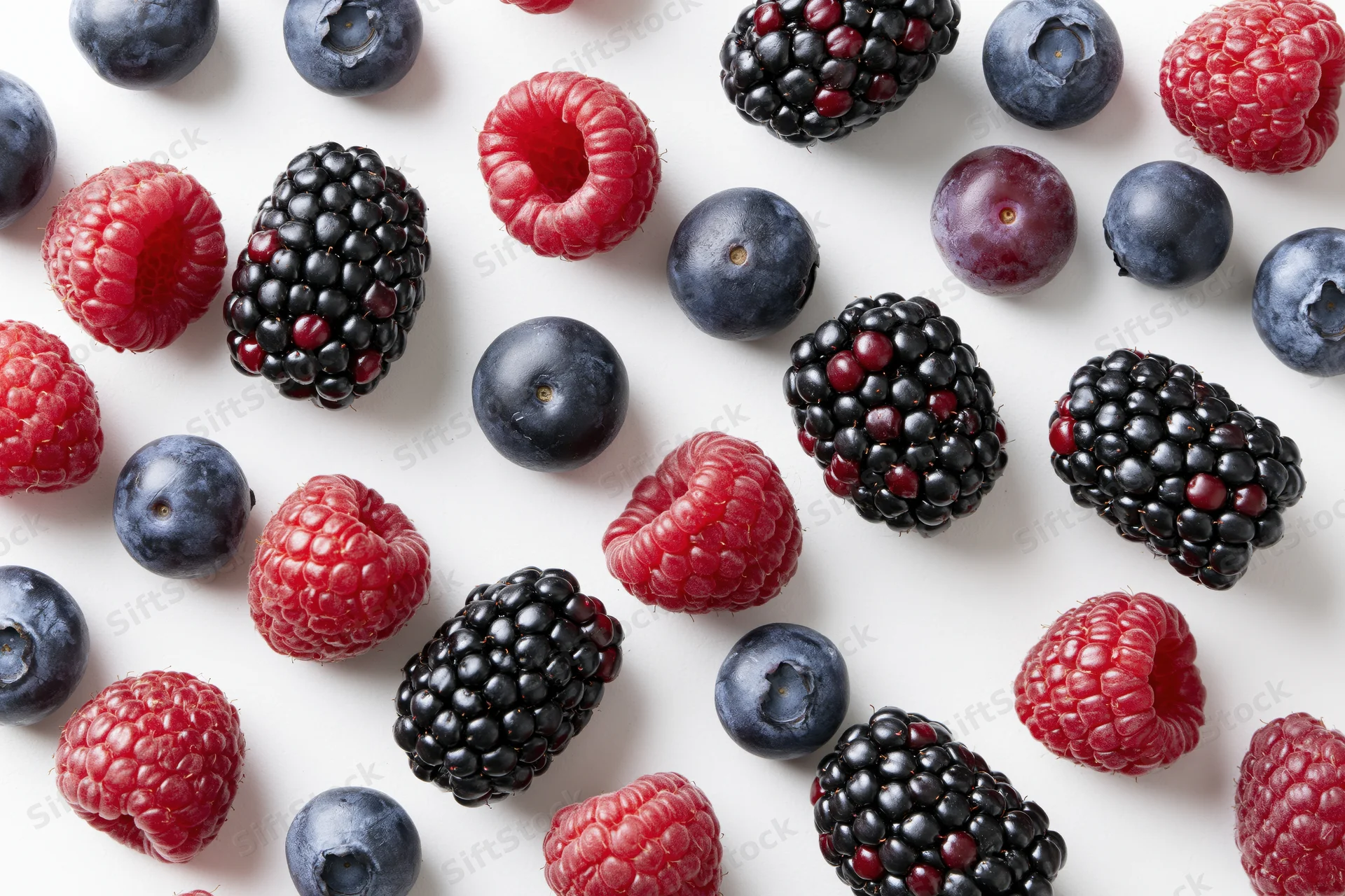 Mixed fresh blueberries raspberries and blackberries scattered on white surface