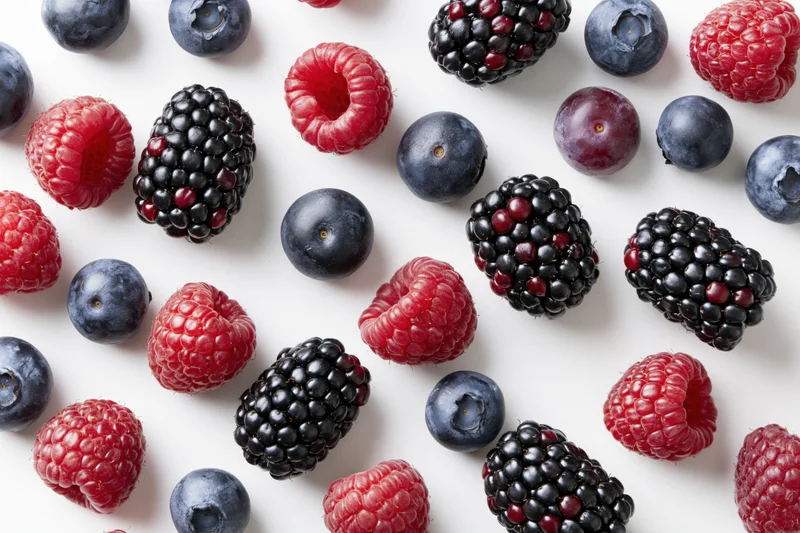Mixed fresh blueberries raspberries and blackberries scattered on white surface