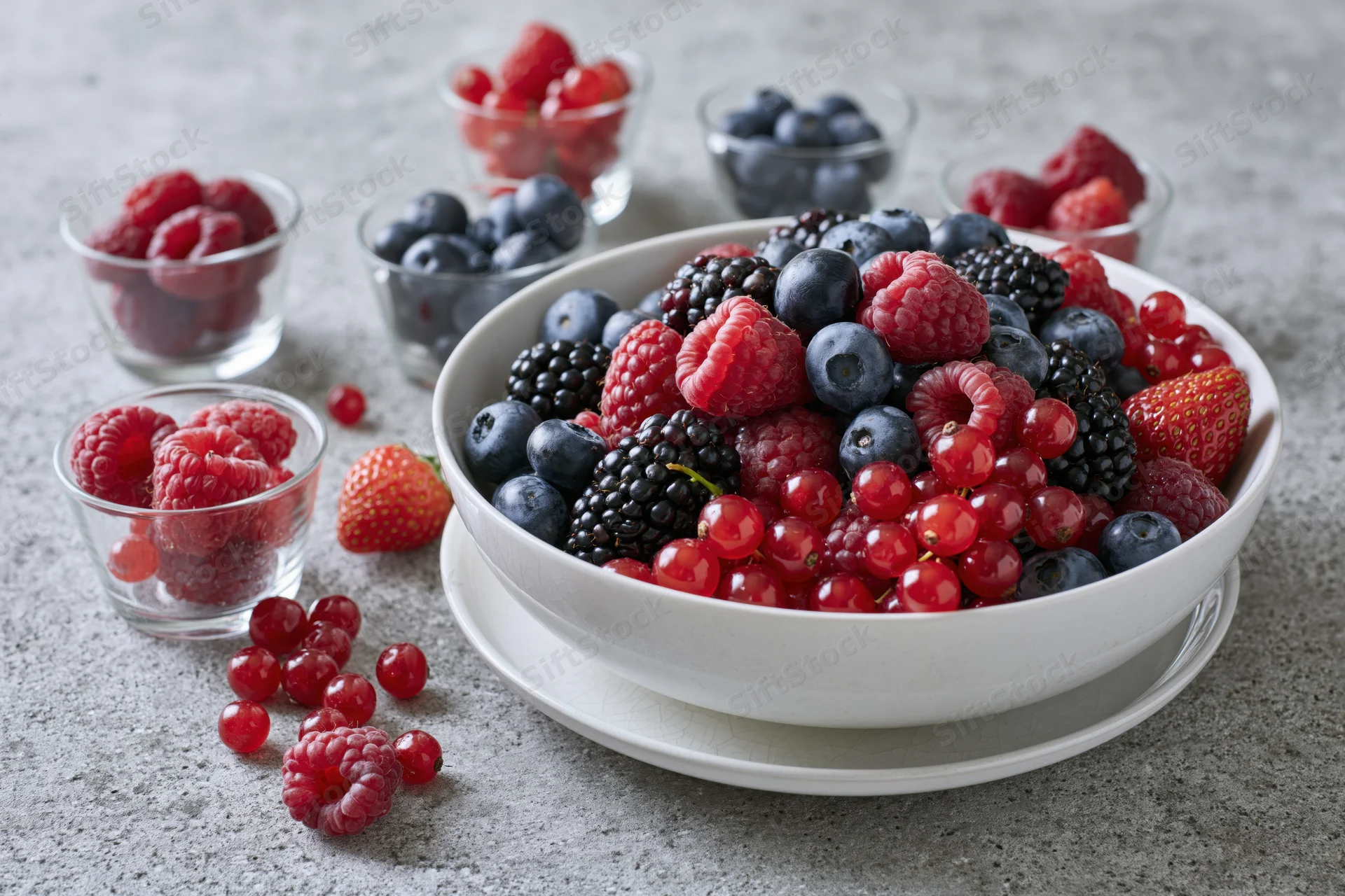 A white bowl filled with mixed fresh berries including raspberries, blueberries, blackberries and strawberries on a gray surface with small glass bowls and scattered fruit around