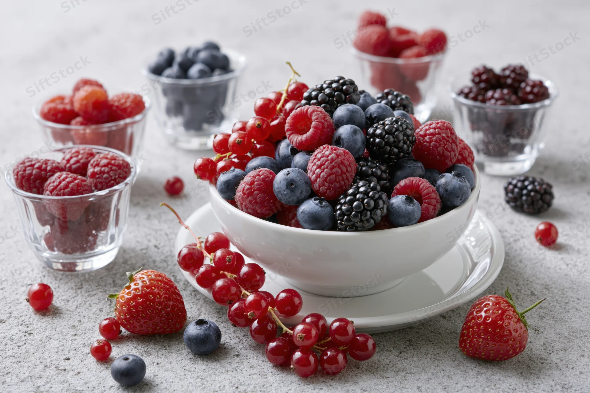 Mixed fresh berries in a white bowl and glass cups on a light countertop