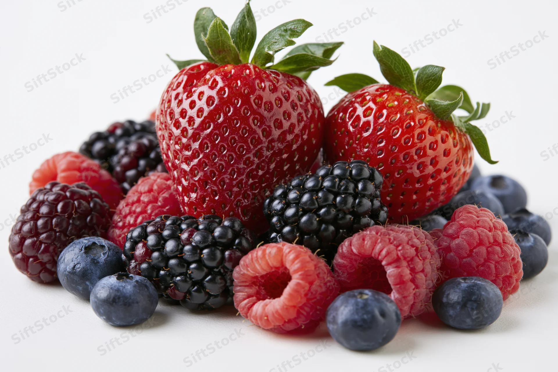 Mixed fresh berries arranged in a cluster on a white background