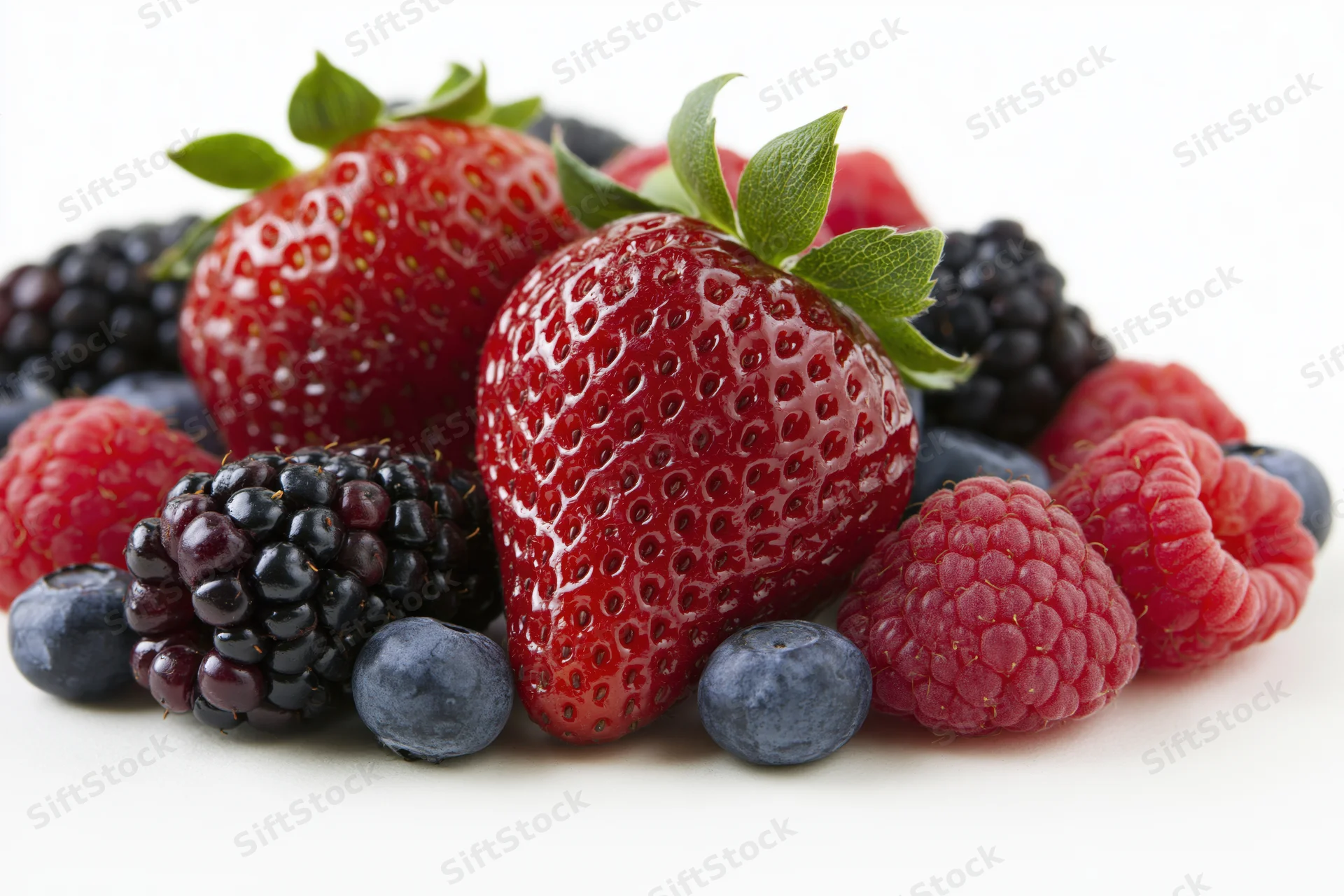 Mixed fresh berries arranged in a cluster on a white background
