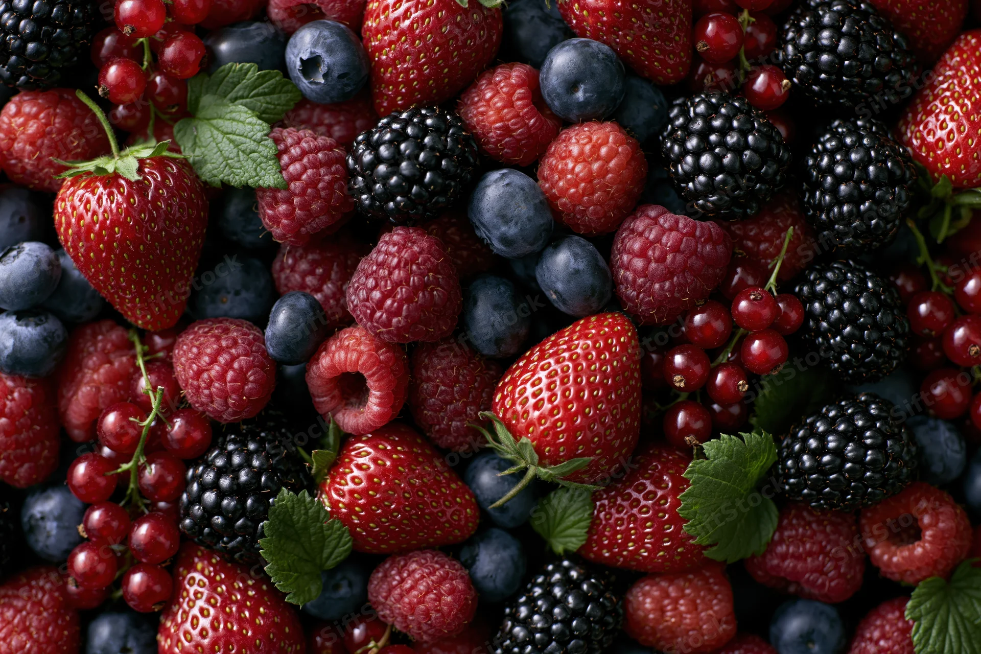 Mixed fresh berries piled together filling the frame