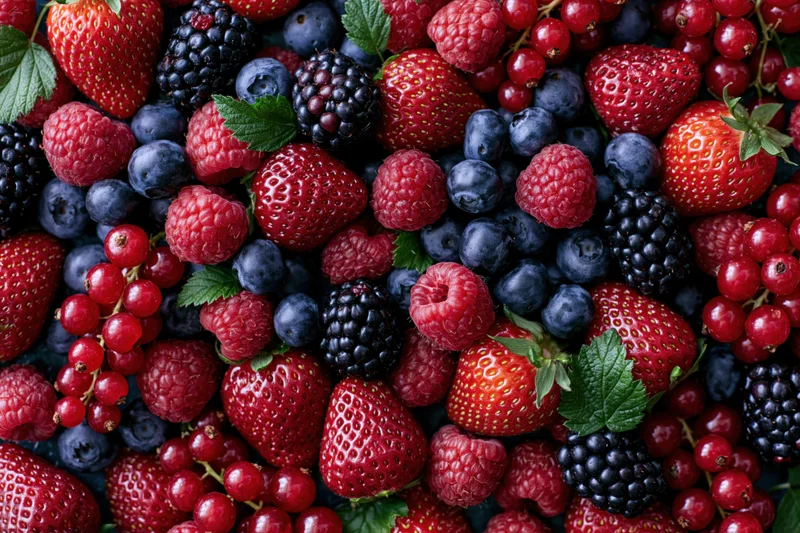 Mixed fresh berries piled together filling the frame