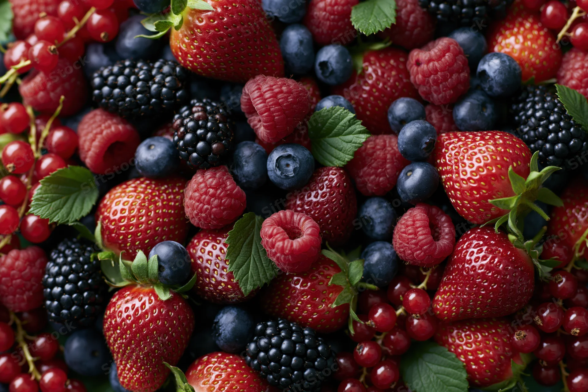 Mixed fresh berries piled together filling the frame
