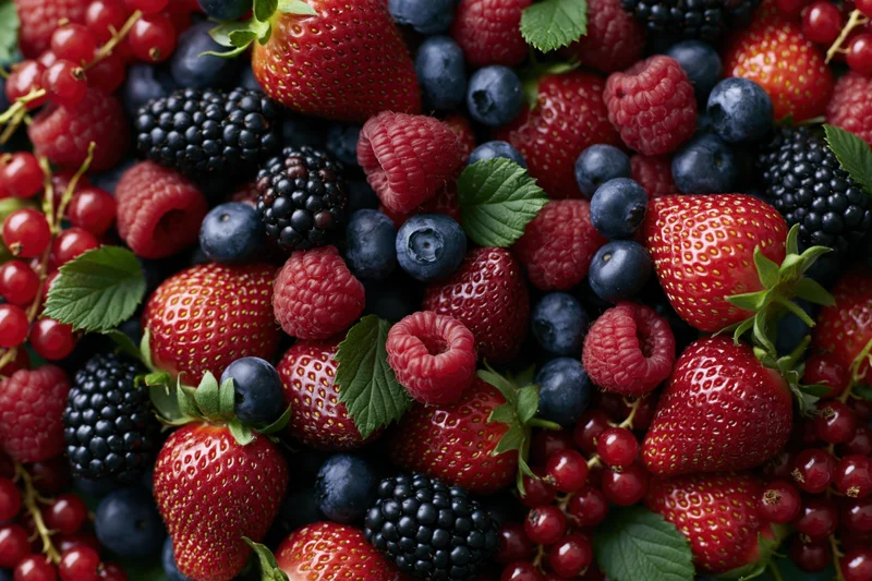 Mixed fresh berries piled together filling the frame