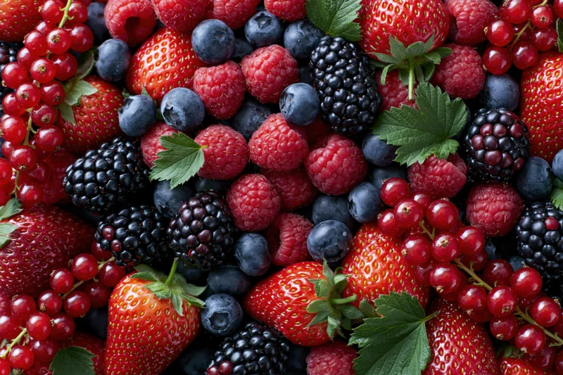 Mixed fresh berries piled together filling the frame