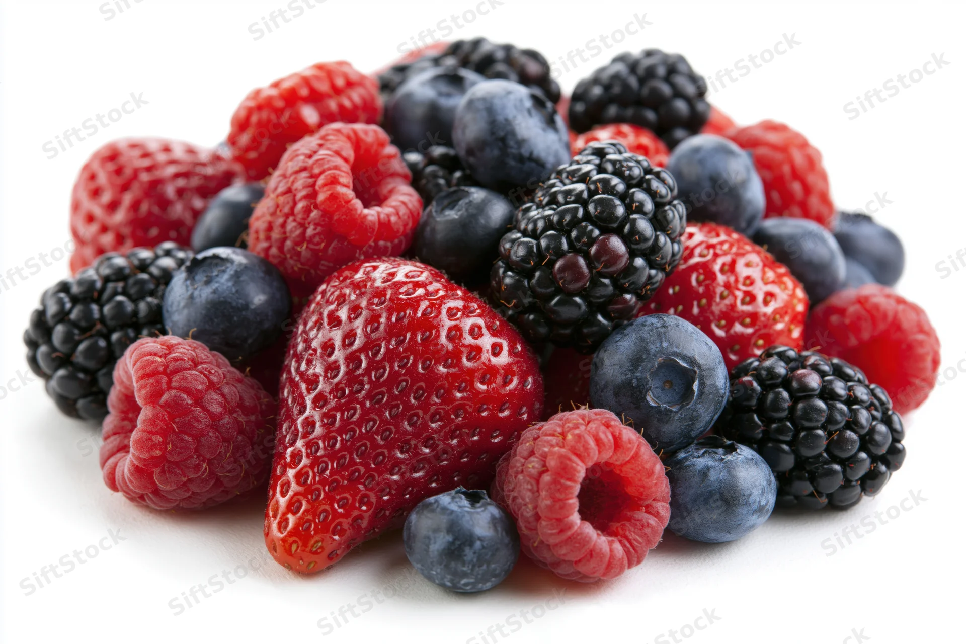 Mixed fresh berries piled together on white background