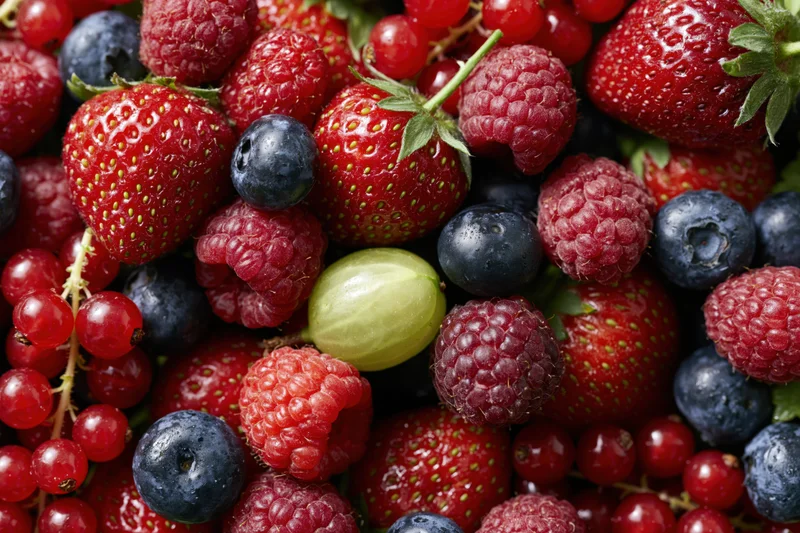 Closeup of mixed fresh berries including strawberries blueberries raspberries and currants piled together