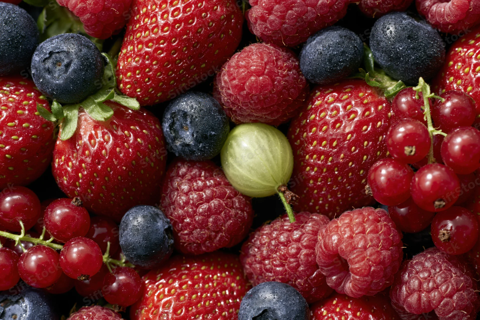 Closeup of mixed fresh berries including strawberries blueberries raspberries and redcurrants piled together