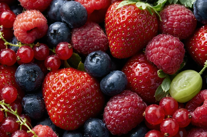 Closeup of mixed fresh berries including strawberries blueberries raspberries and redcurrants piled together