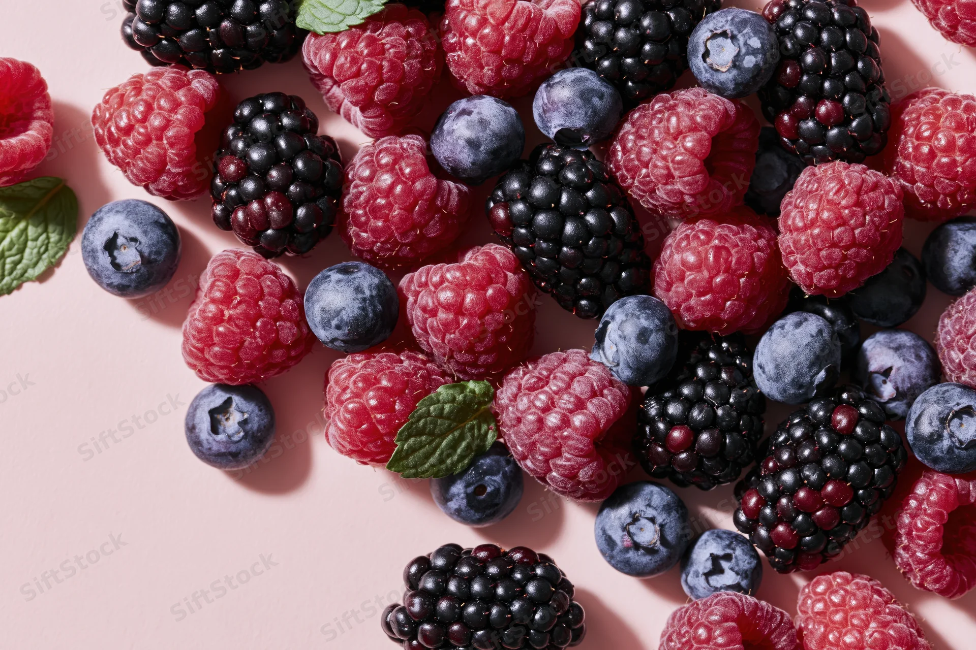 Mixed fresh berries including raspberries blackberries and blueberries arranged on a pink surface with mint leaves