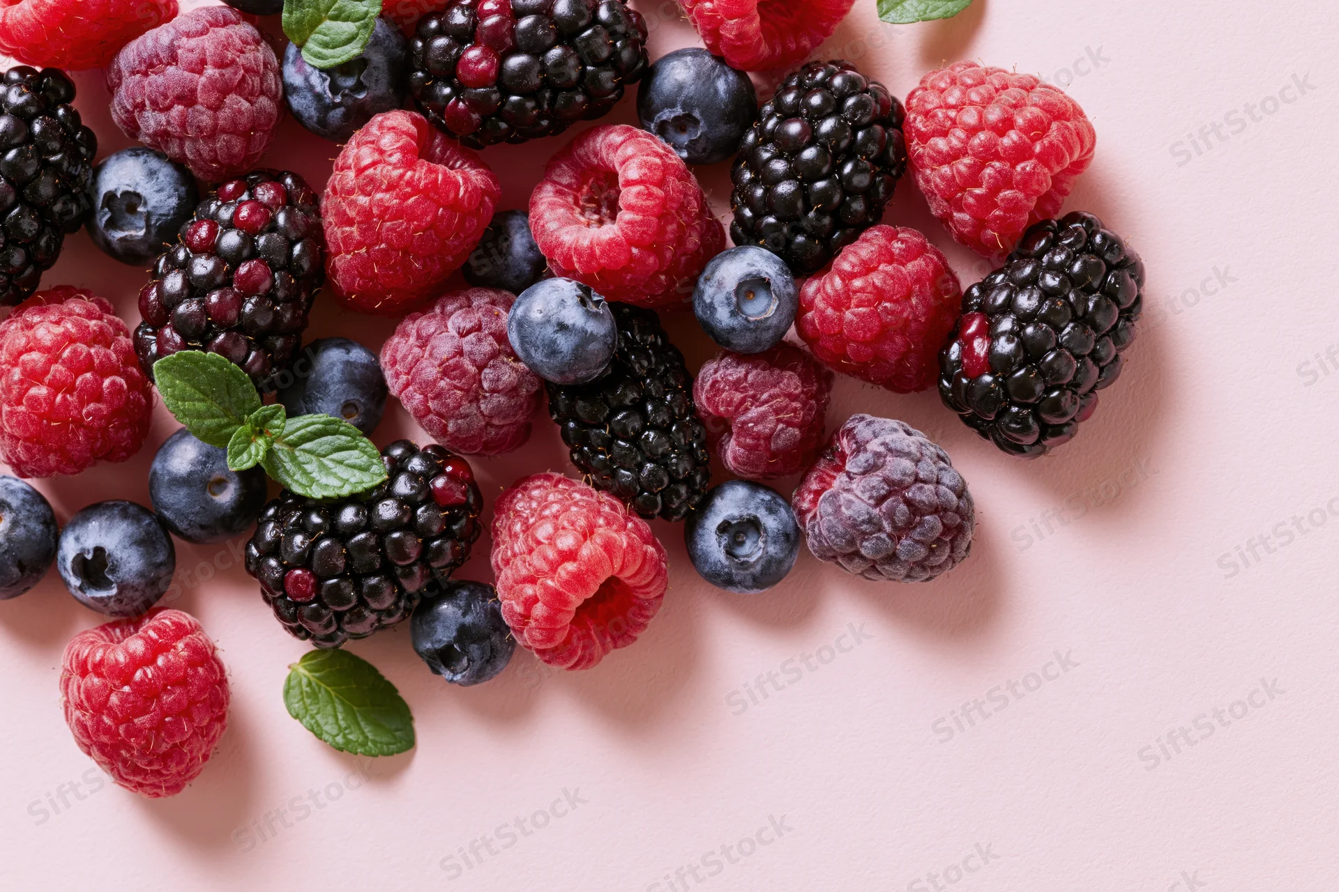 Mixed fresh berries including raspberries blackberries and blueberries arranged on a pink surface with mint leaves and copyspace