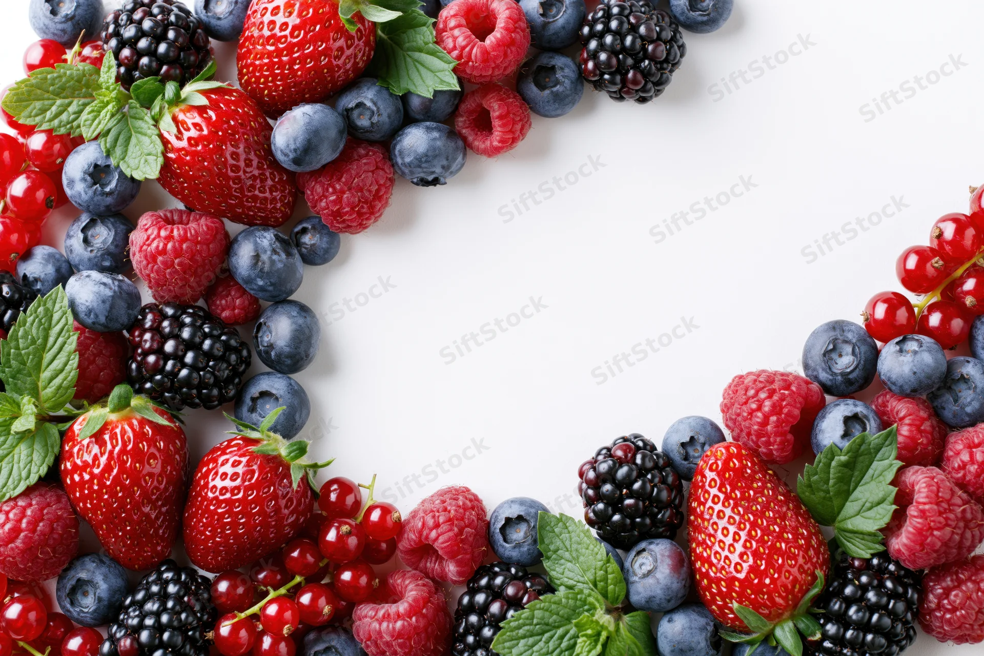 Mixed fresh berries arranged in two clusters framing a white copyspace on a flat surface