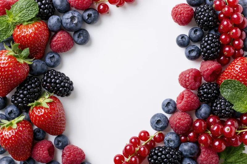 Mixed fresh berries arranged in two clusters framing a white center space