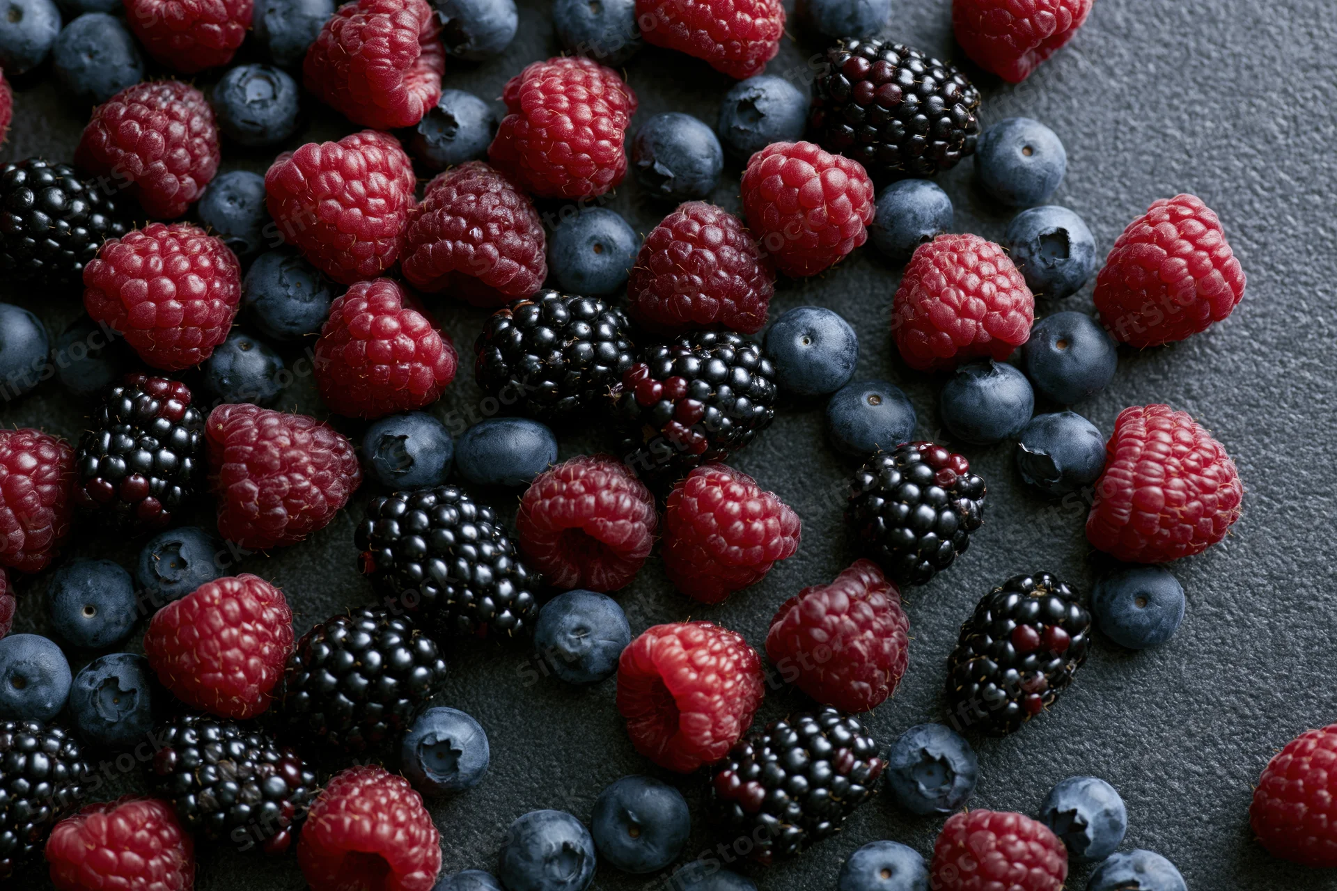 Mixed fresh berries scattered loosely on dark matte surface