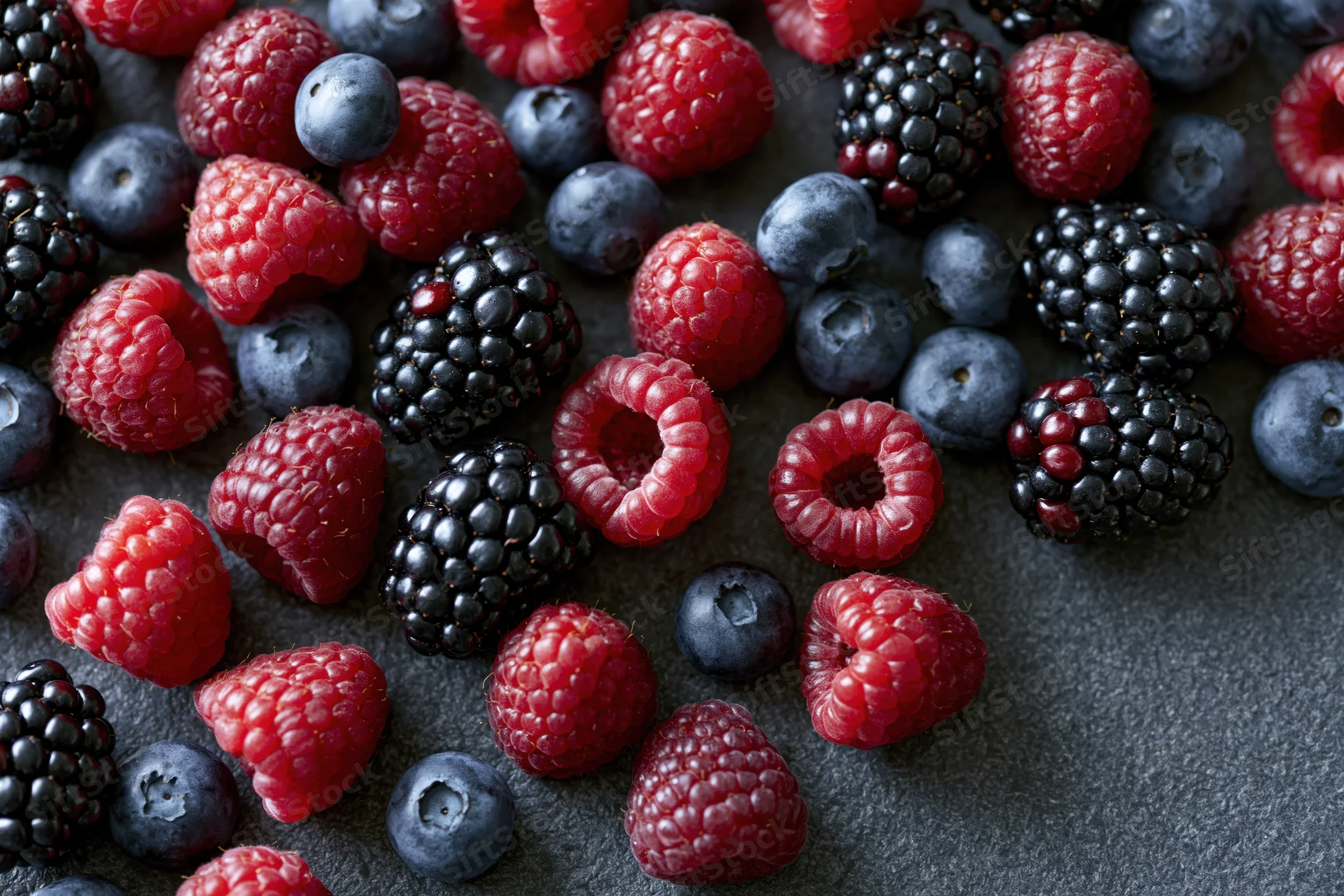Mixed fresh berries scattered across dark matte surface in closeup top view