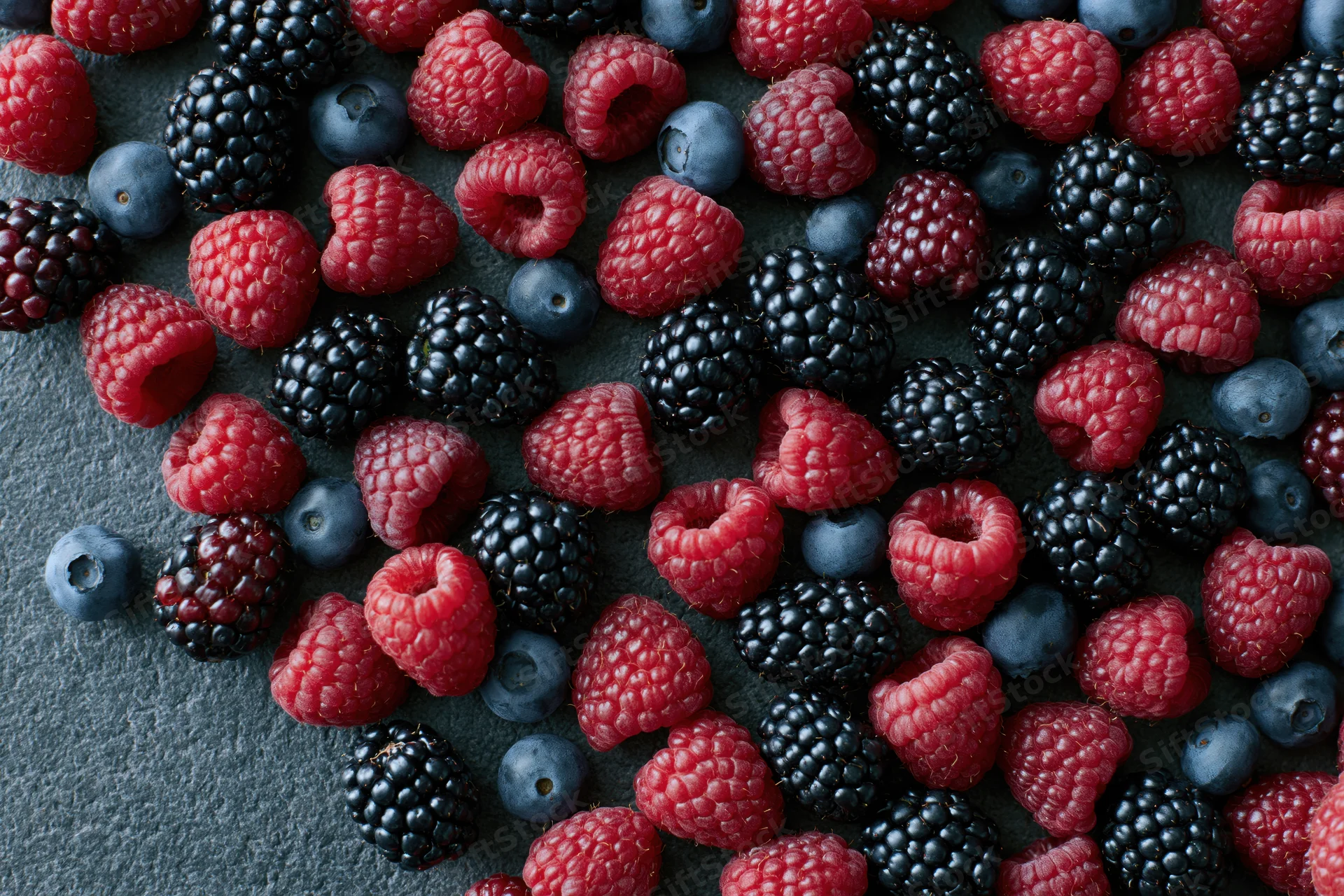 Mixed fresh berries scattered across a dark matte surface in closeup top view
