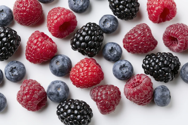 Mixed fresh berries scattered across a white background