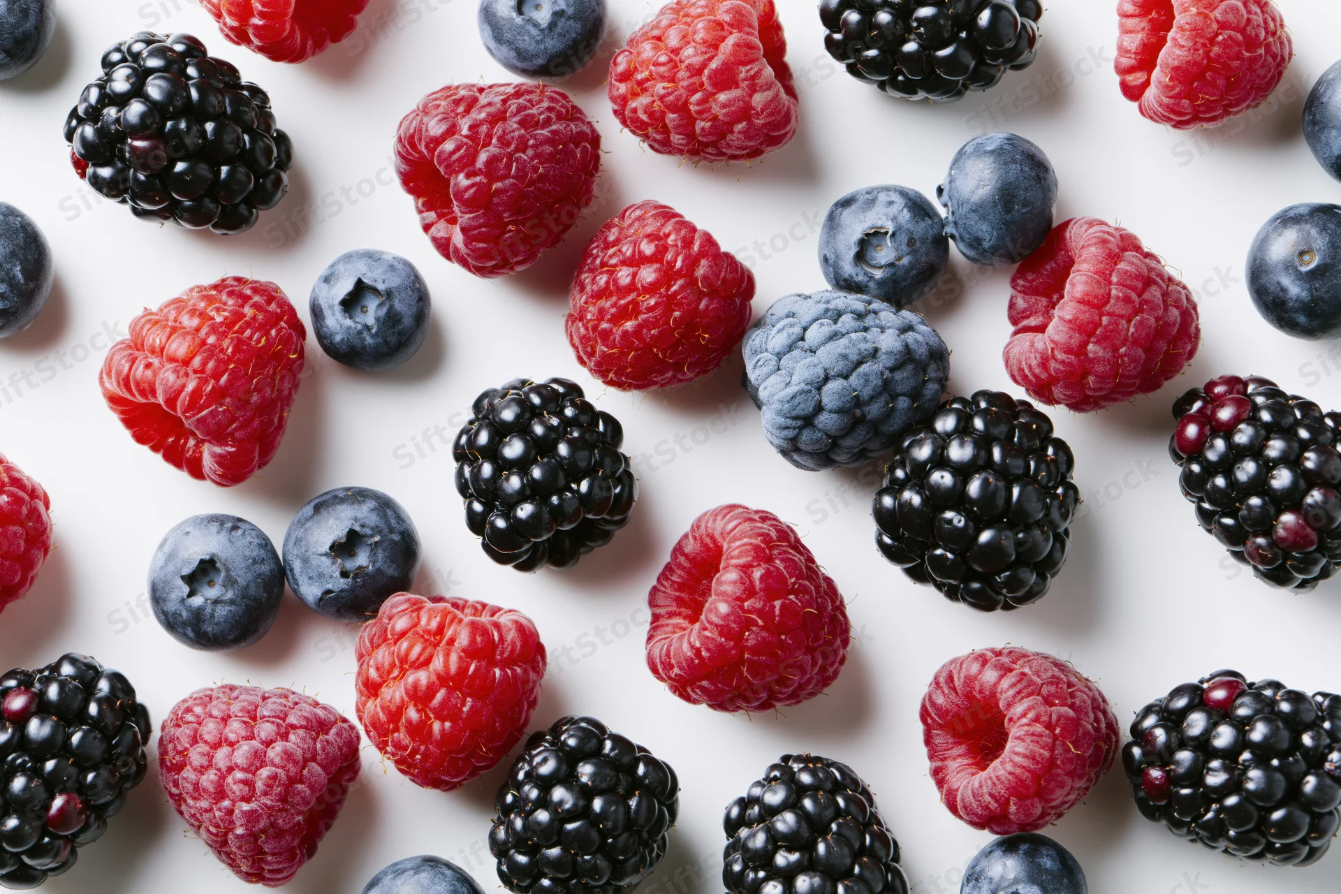 Mixed fresh berries scattered across a white surface