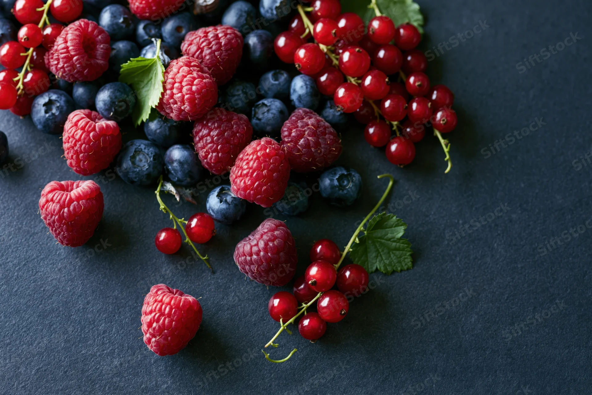 Mixed fresh berries scattered on a dark charcoal surface