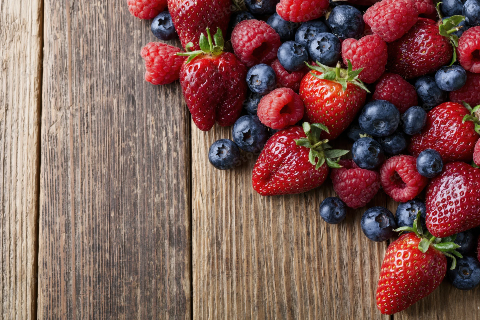 Fresh strawberries blueberries and raspberries scattered on a rustic wooden table with copyspace on the left