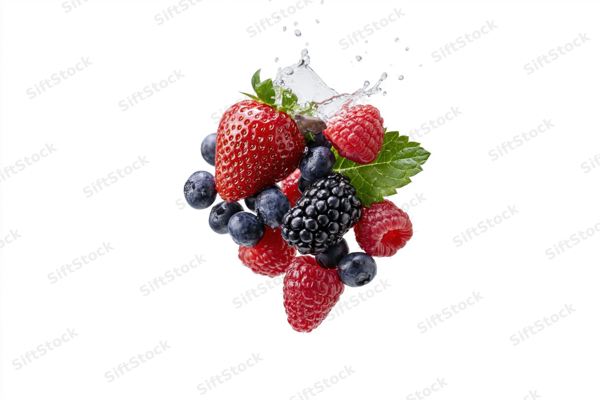 Mixed fresh berries with water splash on white background
