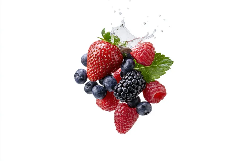 Mixed fresh berries with water splash on white background