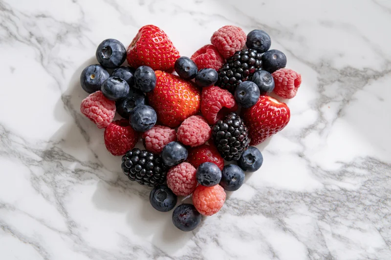Mixed berries arranged in heart shape on marble surface