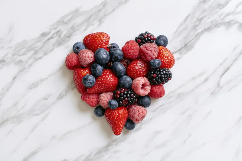 Mixed berries arranged in heart shape on marble surface