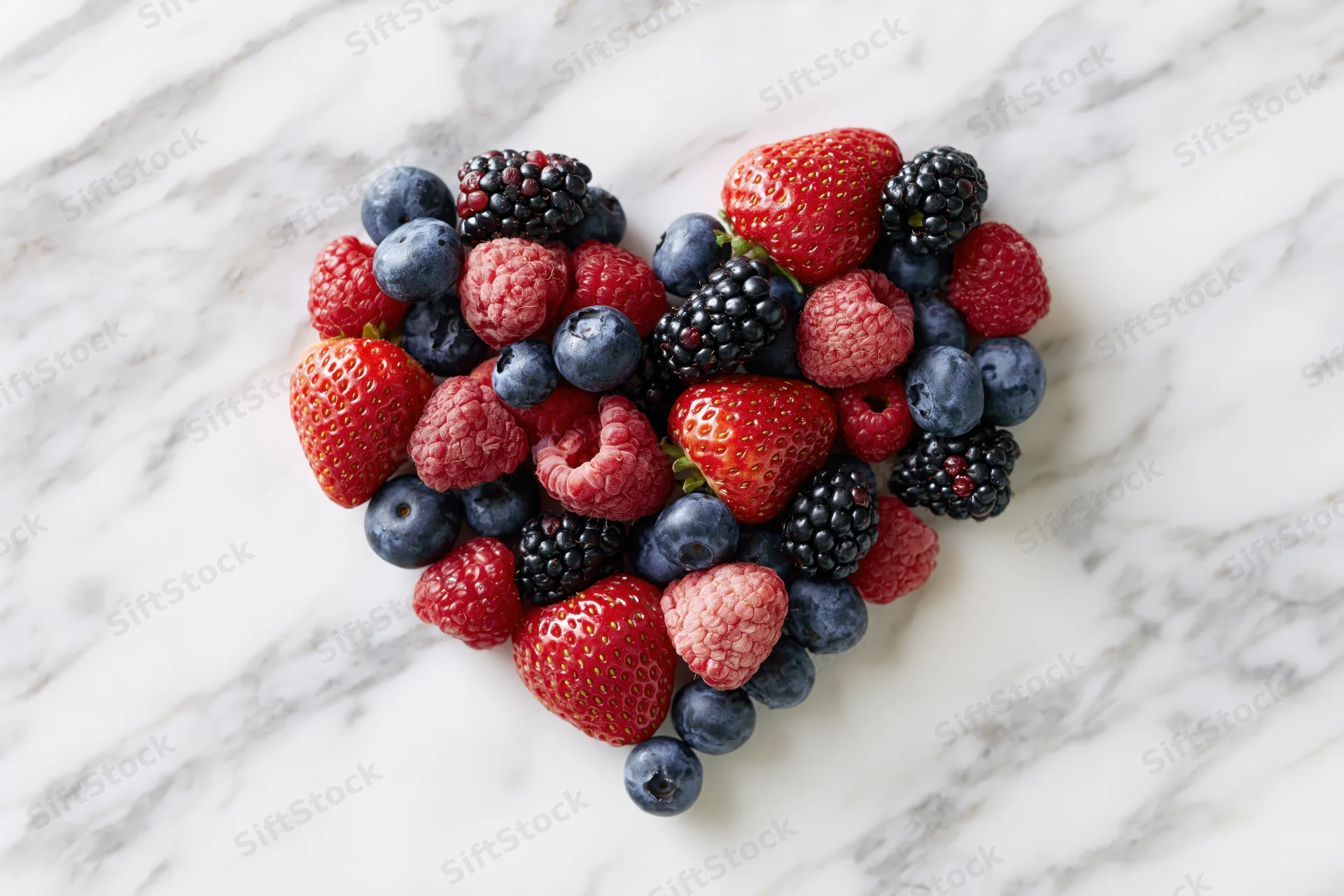 Mixed berries arranged in heart shape on marble surface