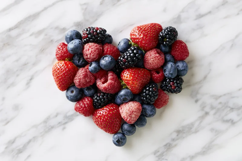 Mixed berries arranged in heart shape on marble surface