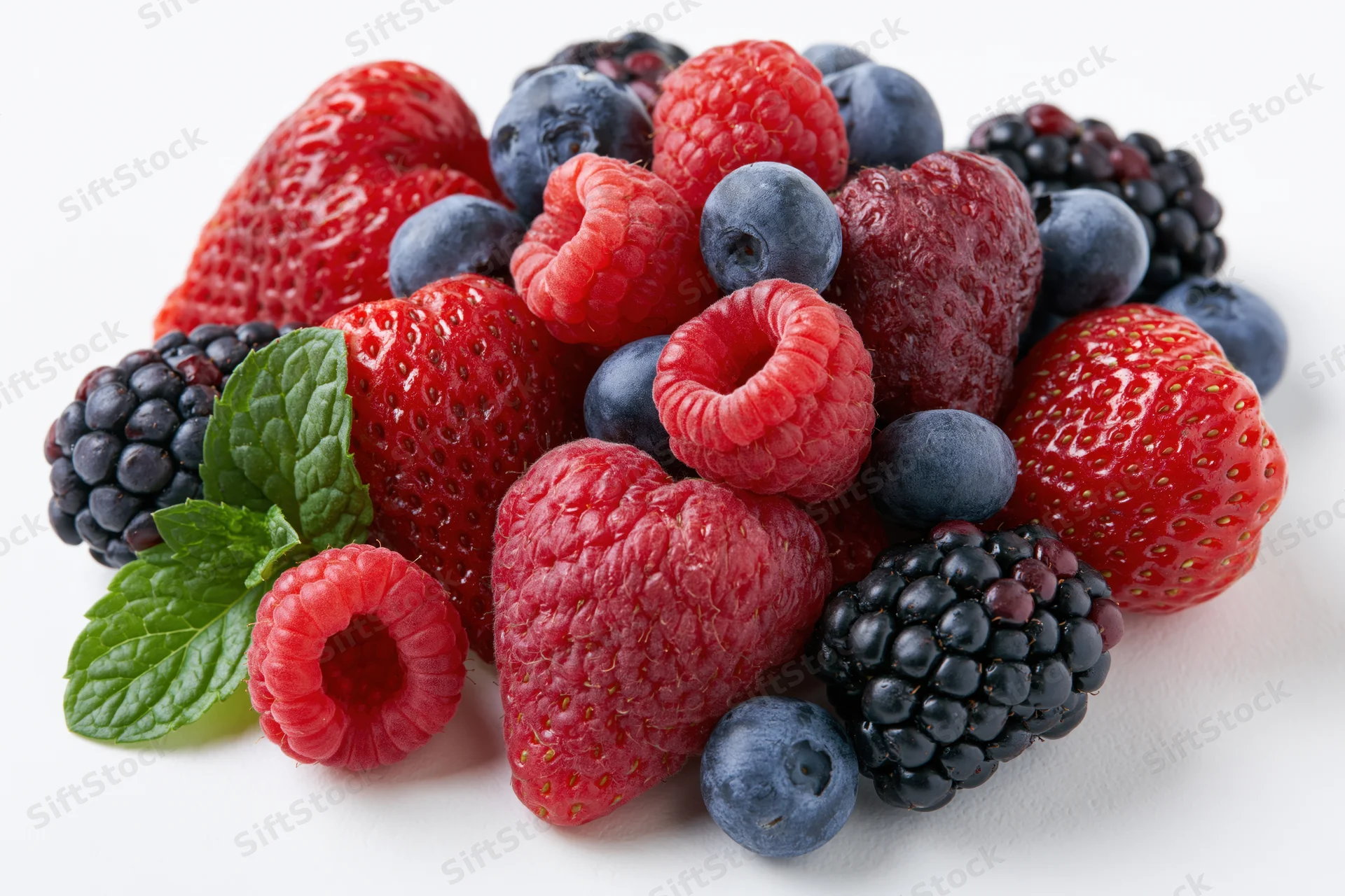Mixed fresh berries including strawberries raspberries blackberries and blueberries with mint leaves on white background