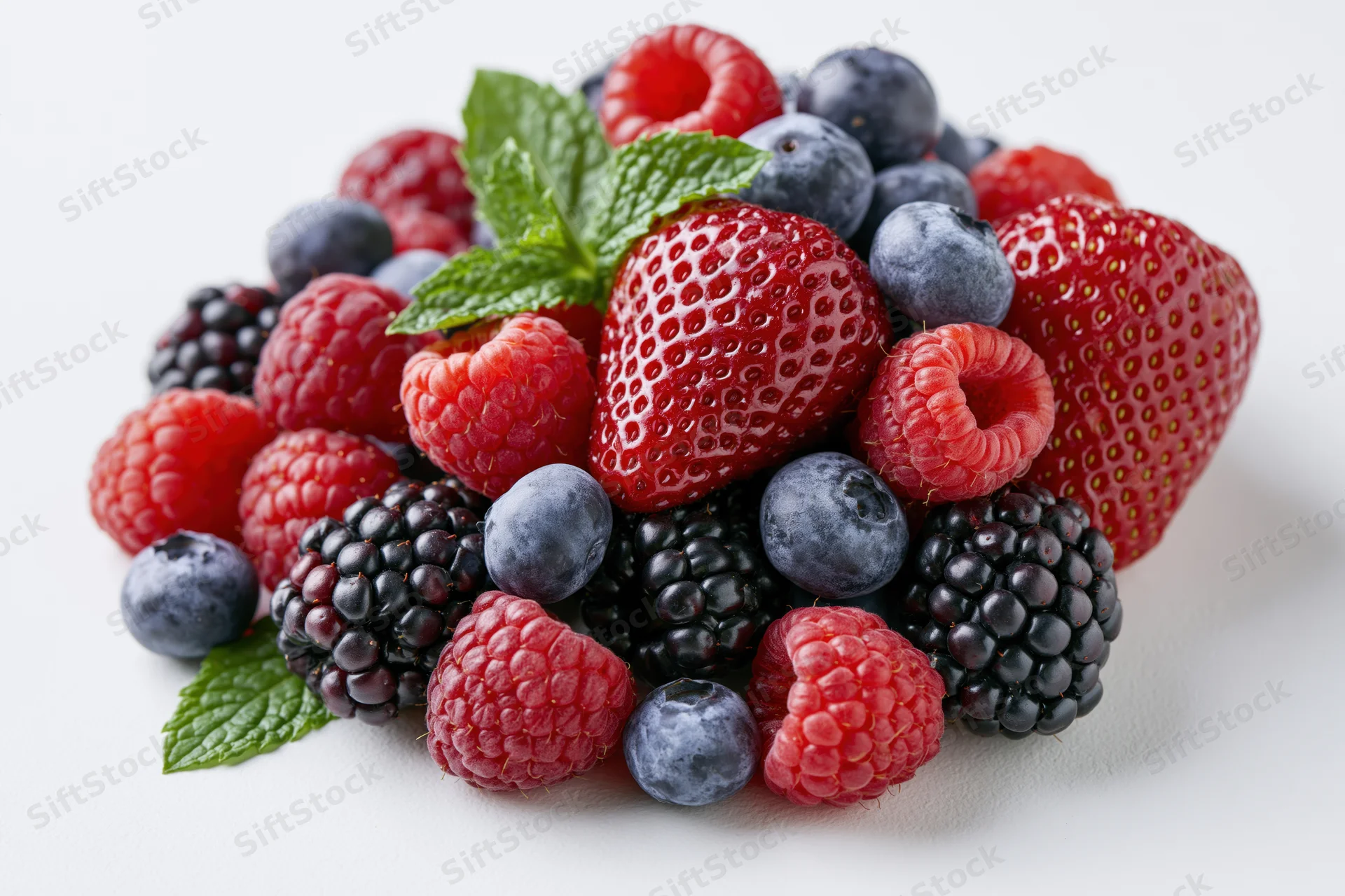 Mixed fresh berries including strawberries raspberries blackberries and blueberries with mint leaves on white background