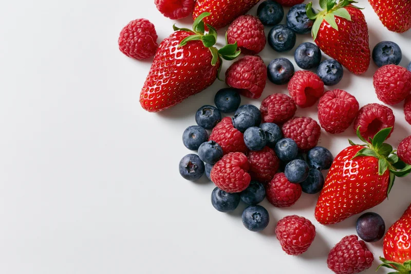 Mixed fresh strawberries raspberries and blueberries arranged on white surface with copyspace
