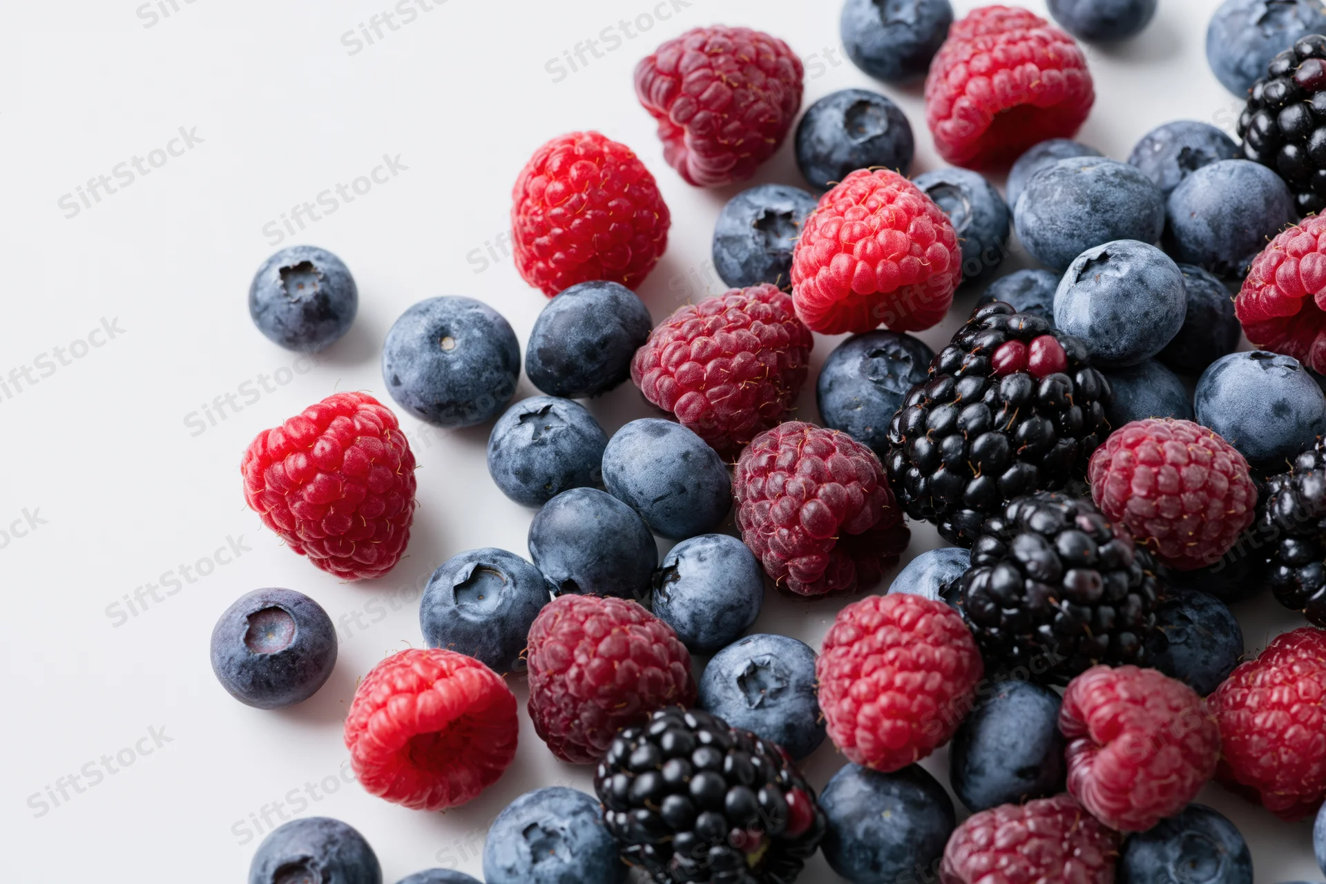 Mixed fresh blueberries raspberries and blackberries scattered on white surface