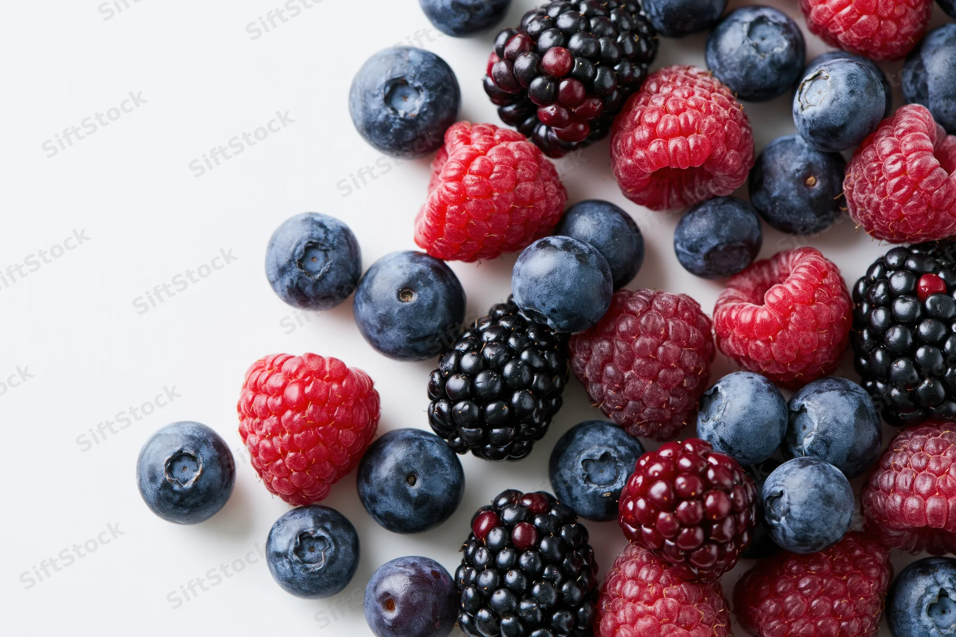 Mixed blueberries raspberries and blackberries scattered on white surface