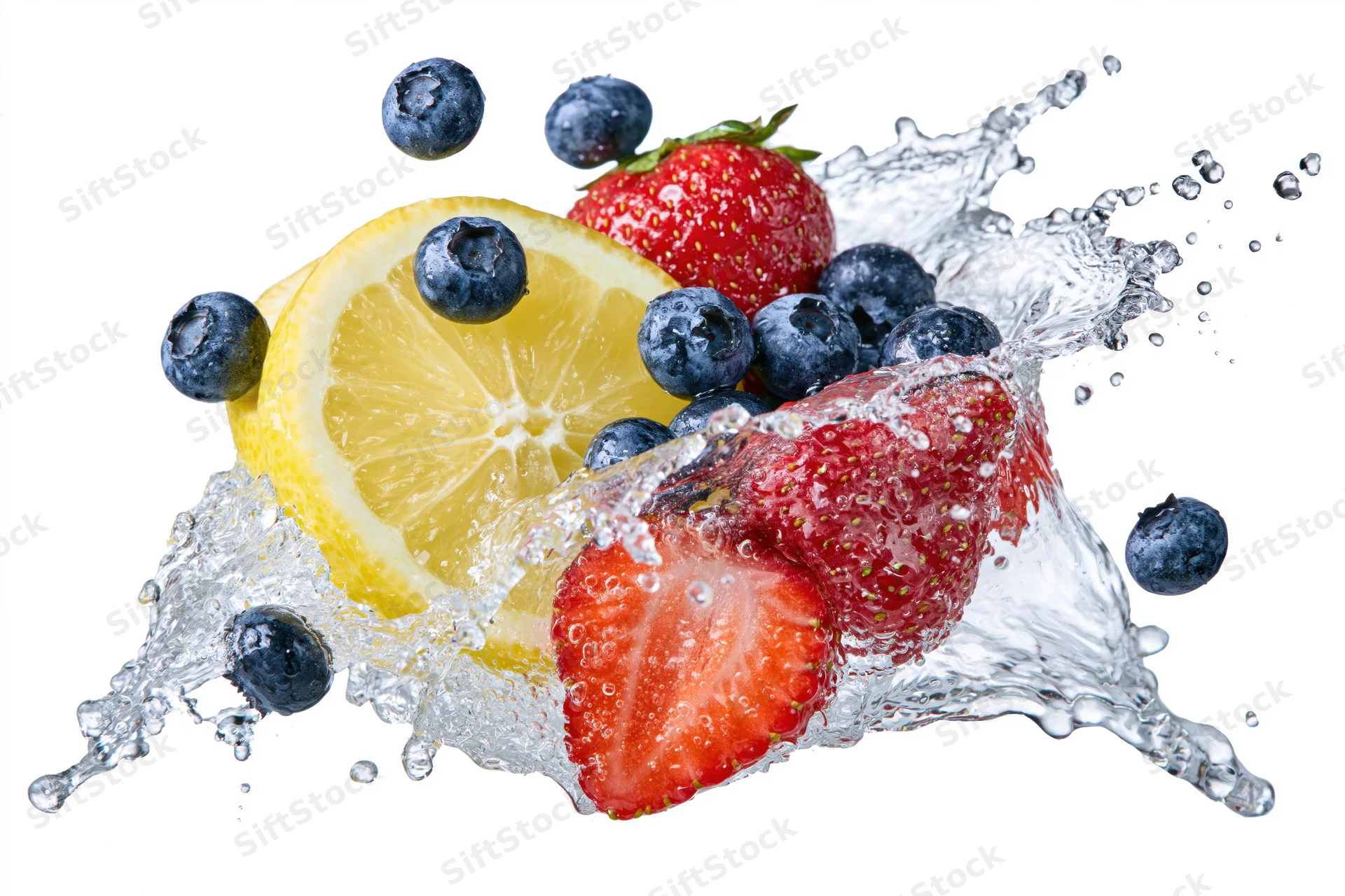 Lemon slices, strawberries and blueberries splashing in water against white background