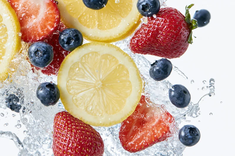 Lemon slices, strawberries and blueberries splashing in water against white background