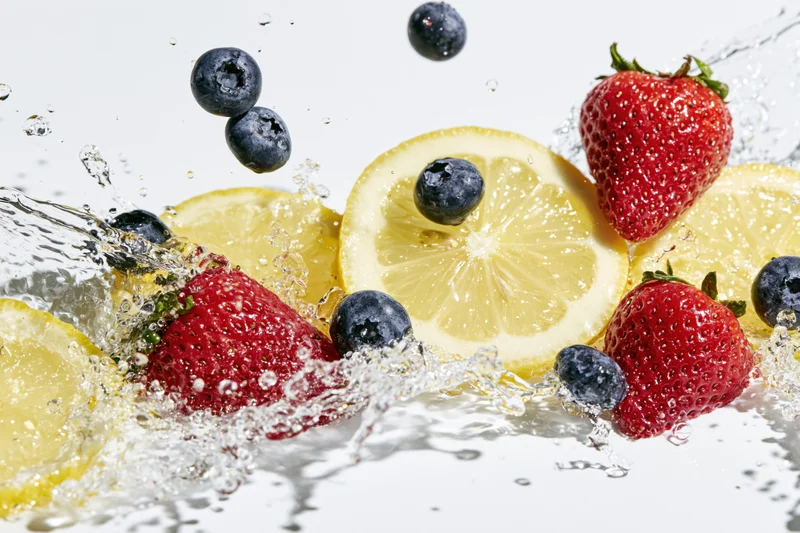 Lemon slices, strawberries and blueberries splashing in water on white background