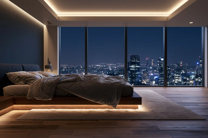 Modern luxury bedroom at night with king-size bed and cityscape view through panoramic windows